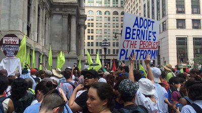 Bernie Sanders Backers March through the Philadelphia streets.