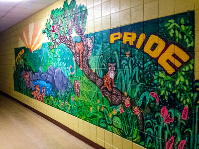 A student mural at Oaklea Middle School created with the help of Lane Arts Council’s artist residency program