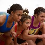 Alexis Pappas (center) shooting a scene for Tracktown at Hayward Field Aug. 29 with (left to right) Brett Ely, Christina Rodgers, Bridget Franek and Renee Baillie. Photo: Drew Anderson.