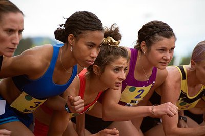 Alexis Pappas (center) shooting a scene for Tracktown at Hayward Field Aug. 29 with (left to right) Brett Ely, Christina Rodgers, Bridget Franek and Renee Baillie. Photo: Drew Anderson.