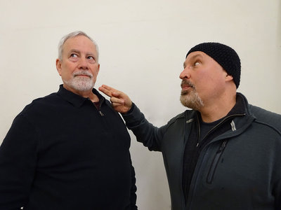 Beadle Bamford (David Gustafson, right) advises Judge Turpin (Jake Gardner) to get a shave during rehearsals for Eugene Opera’s upcoming production of Sweeney Todd. Photo by Ashley Hastings.