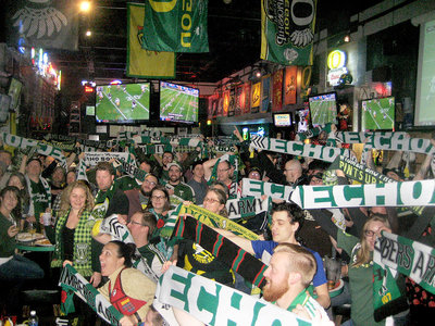 The Echo Squadron Gathers at Doc’s Pad to cheer the Timbers on. Photo credit: Killian Doherty.