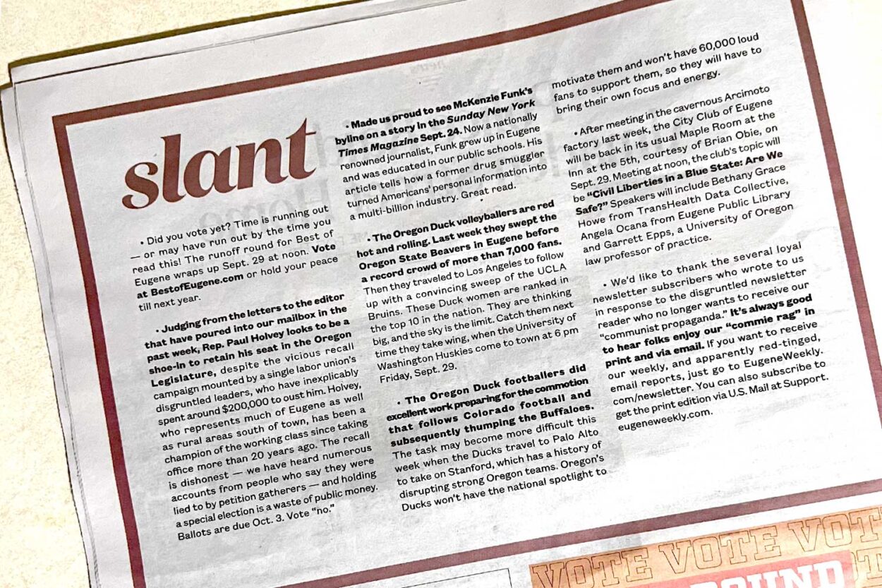 Recall elections, sportsball and commie rags in Slant – Eugene Weekly